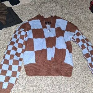 Almost Famous Brown and Blue Zip-Up Sweater